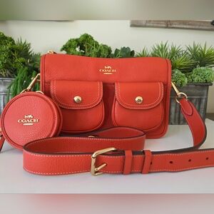 Coach Pennie Crossbody Bag With Coin Purse Mango Red Pebbled Leather-NWOT